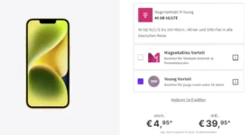 iPhone 14 für 4,95€ mit 40 GB Telekom 5G Vertrag eff. 10,20 €