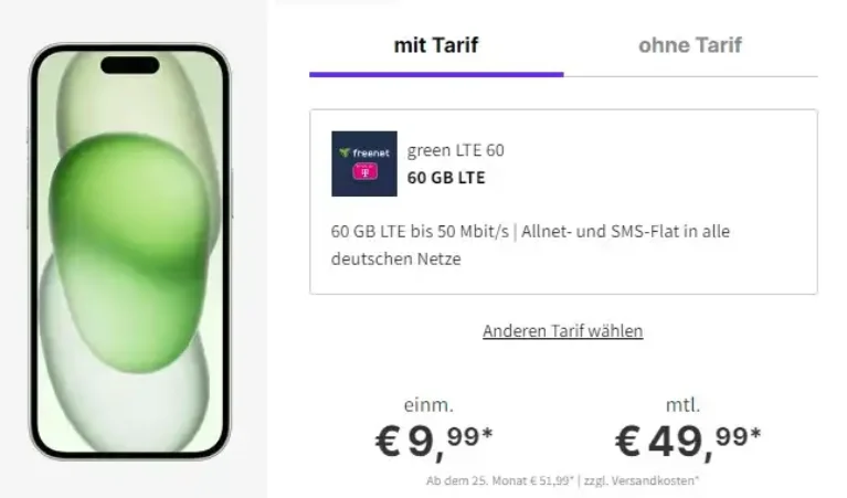 iPhone 15 für 9,99 € mit 60 GB Telekom Vertrag eff. 14,78 € | mit MNP eff. 8,53 €