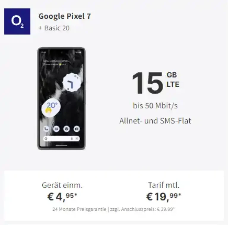 Google Pixel 7 für 4,95€ mit 13 GB o2 Vertrag mtl. 19,99€ | eff. 0,40€