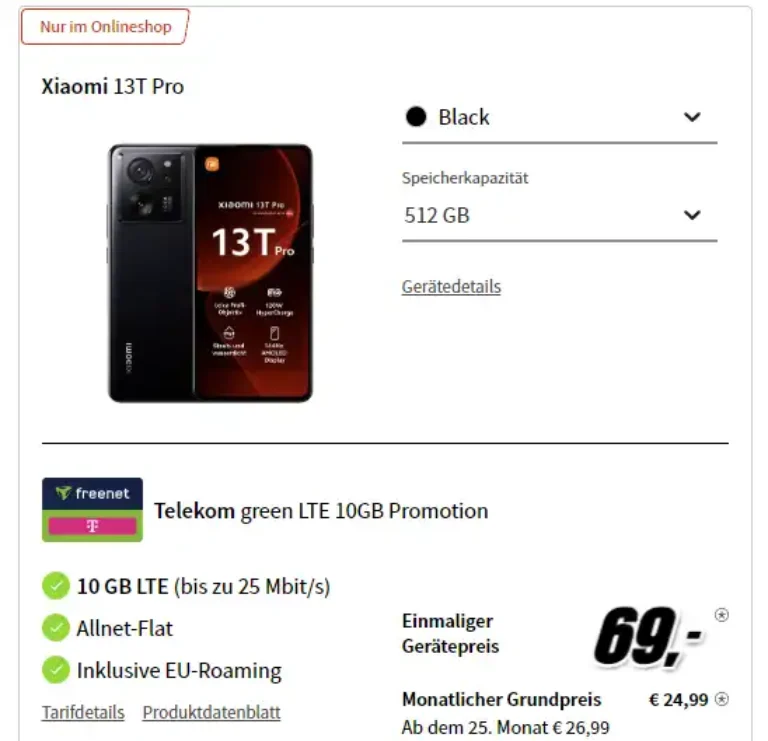 Xiaomi 13T Pro für 69€ mit 10 GB Telekom Vertrag für 24,99€ | eff. 0,40€