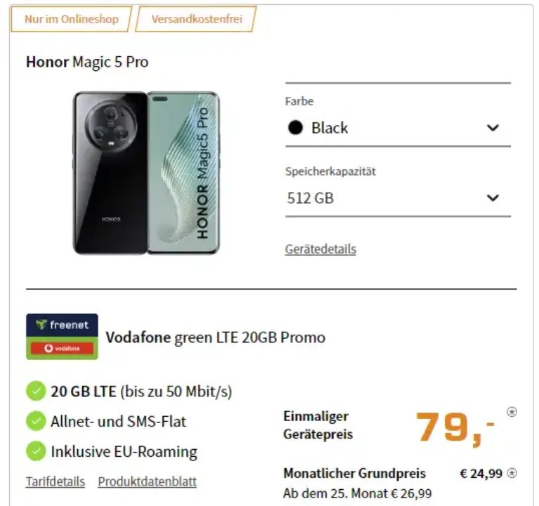Honor Magic5 Pro für 79€ mit 20 GB Vodafone Tarif eff. gratis + Ersparnis