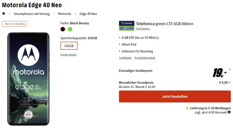 Motorola EDGE 40 Neo für 19€ mit 6 GB o2 Vertrag für 9,99€ | eff. 0,45€