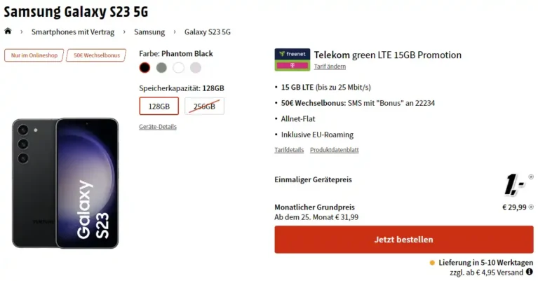 Galaxy S23 für 1€ mit 15 GB Telekom Vertrag mtl. 29,99€ | eff. 4,82 € | mit MNP eff. 2,74€