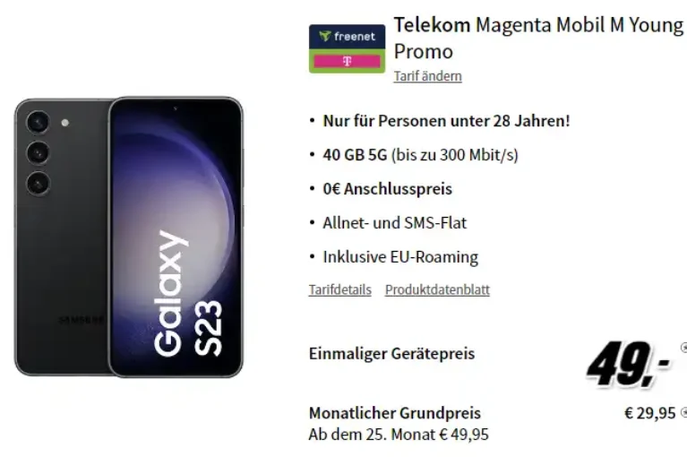 Galaxy S23 für 49€ mit 40 GB Telekom 5G Young Vertrag eff. 5,12€