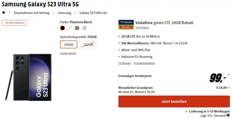Galaxy S23 Ultra für 99€ mit 20 GB Vodafone für mtl. 34,99€ | eff. gratis