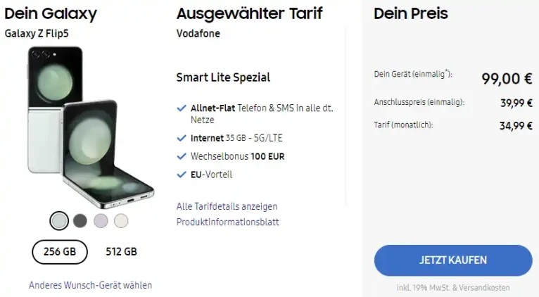 Galaxy Z Flip5 für 99€ mit 35 GB Vodafone 5G Tarif für mtl. 34,99€ | eff. 8,74€