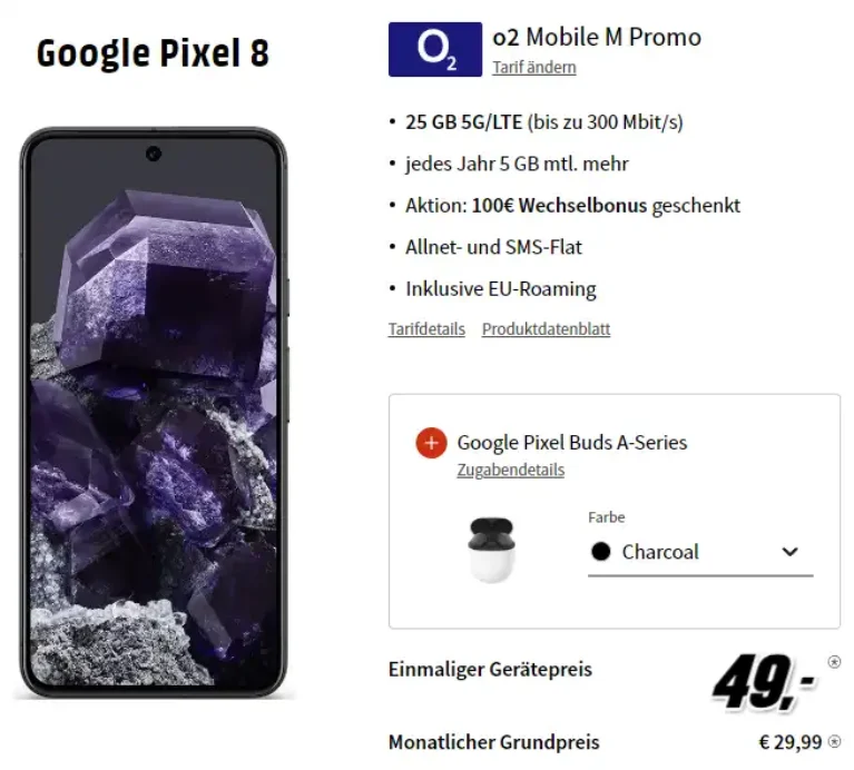 Google Pixel 8 mit Pixel Buds A für 49€ mit 25 GB o2 5G Vertrag eff. gratis