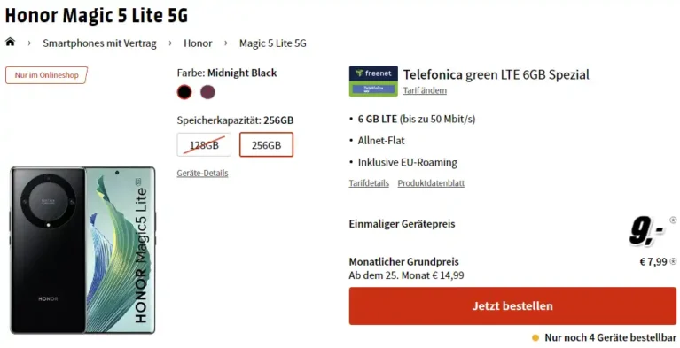 Honor Magic5 Lite für 9€ mit 6 GB o2 Vertrag für mtl. 7,99€ | eff. -0,18 €