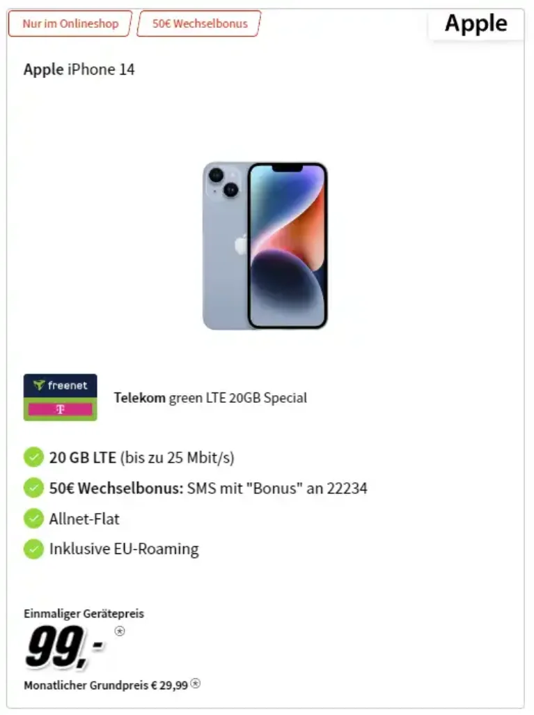 iPhone 14 für 99€ mit 20 GB Telekom Vertrag eff. 7,07 €