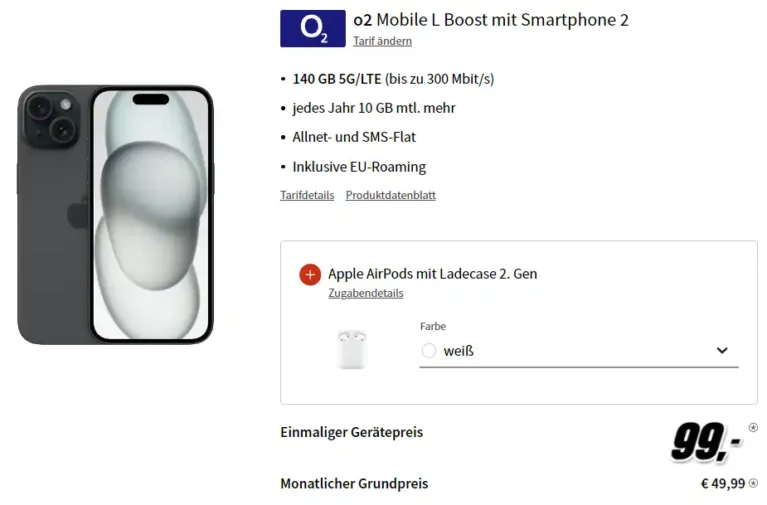 iPhone 15 + AirPods 2 für 99€ mit 140 GB o2 Mobile L Boost | eff. für 14,36 € mtl.