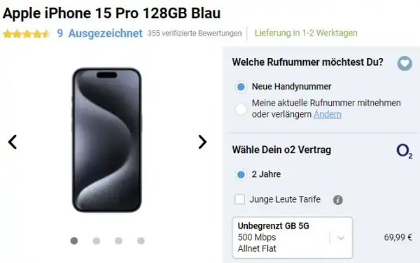o2 Mobile Unlimited Max (Young) ab 69,99€ mit iPhone 15 (Pro) ab 4,95€, Galaxy S24 Ultra für 4,99€, Honor Magic V2 für 399,95€ uvm.