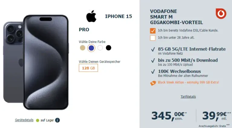 iPhone 15 Pro für 345€ mit 65 GB + 999 GB Depot mit Vodafone 5G Vertrag für 44,99€ | eff. 9,41 € | mit MNP eff. 5,24€