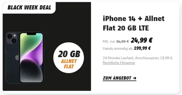 iPhone 14 für 199,99€ mit 20 GB Telekom Vertrag eff. 2,53€