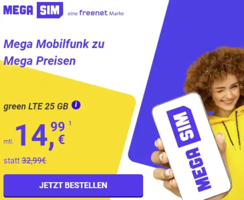 Mega SIM Angebote: 140 GB Flat für 24,99€ ohne Laufzeit