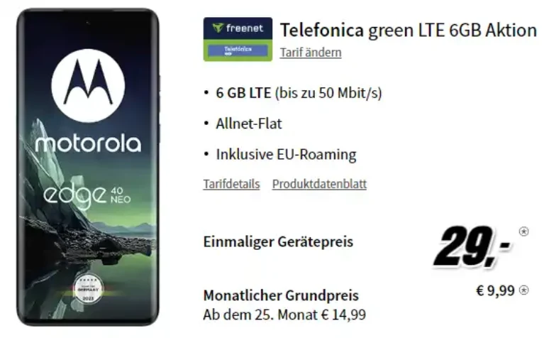 Motorola EDGE 40 Neo für 29€ mit 6 GB o2 Vertrag eff. 0,82€