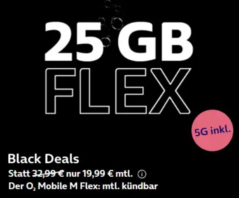 o2 Mobile M Flex: 25 GB 5G Tarif für 19,99€ ohne Laufzeit
