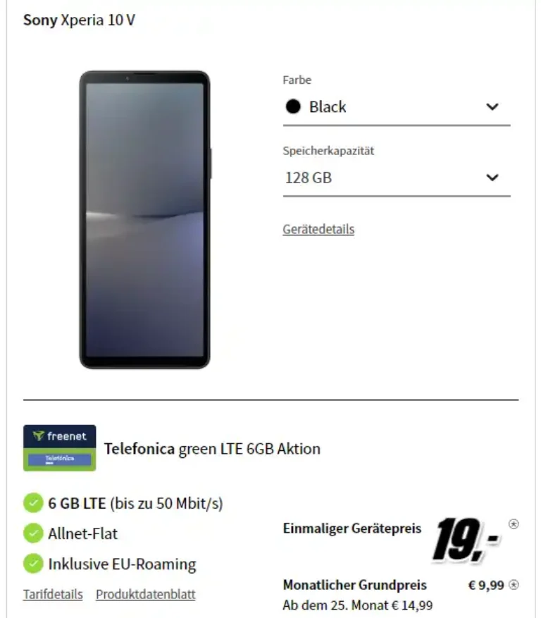 Sony Xperia 10 V für 19€ mit 6 GB o2 Vertrag für 9,99€ | eff. 0,82 €