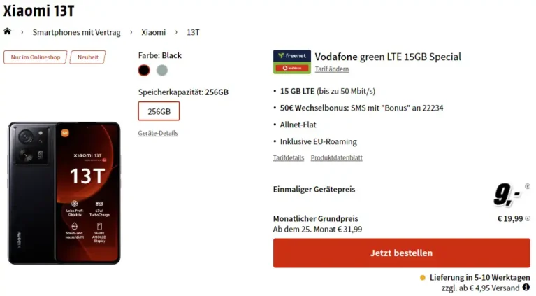 Xiaomi 13T für 9€ mit 15 GB Vodafone Vertrag für 19,99€ | eff. 0,41€ | mit MNP rund 40€ Ersparnis