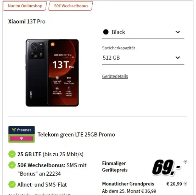 Xiaomi 13T Pro für 69€ mit 25 GB Telekom Vertrag für 26,99€ | eff. 2,41€ | mit MNP 0,32€
