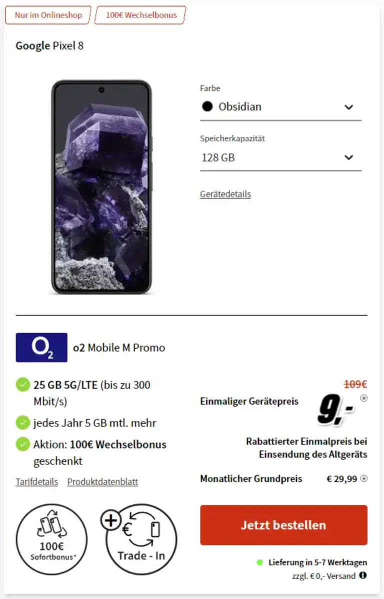 Google Pixel 8 für 9€ mit 25 GB o2 5G Vertrag eff. 2,91€ | mit MNP eff. gratis