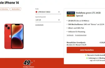 iPhone 14 für 49 € mit 20 GB Vodafone Vertrag eff. 4,99 €
