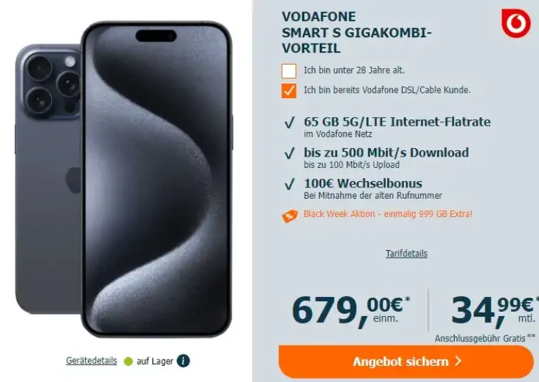 iPhone 15 Pro Max für 679€ + 999 GB Depot 100€ Bonus bei MNP + 999 GB Depot + 65 GB Vodafone 5G Vertrag eff. ab 6,24€