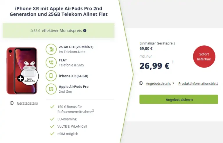 iPhone Xr mit AirPods Pro 2nd für 69€ mit 25 GB Telekom Vertrag eff. 8,61€ | mit MNP nur 2,36€