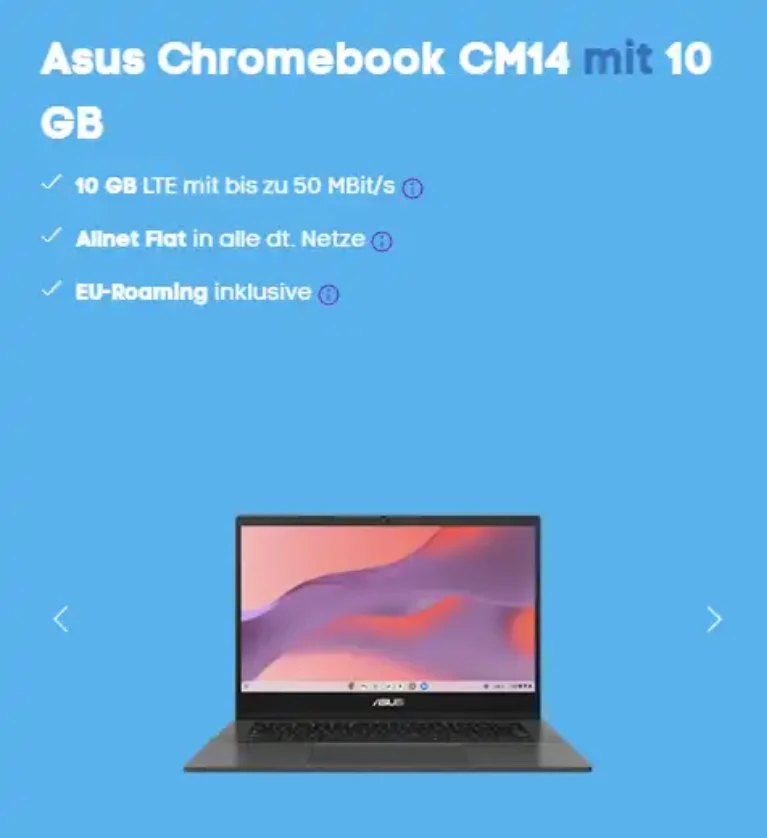 Laptop mit Vertrag: Asus Chromebook mit 10 GB ab 19 €