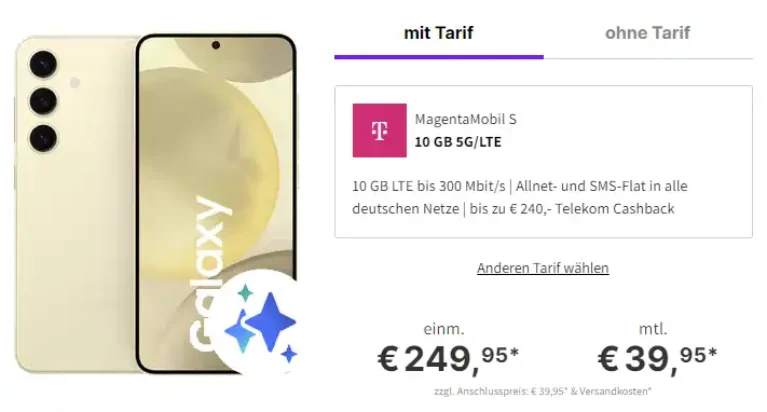 Galaxy S24 für 249 € + 240 € Cashback im original Telekom Vertrag