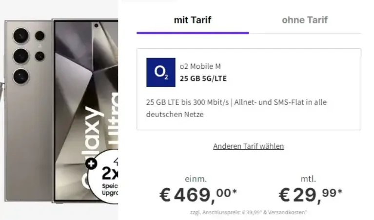 HOT 🔥 Galaxy S24 Ultra mit 25 GB o2 Mobile M eff. gratis mit 220 € Ersparnis