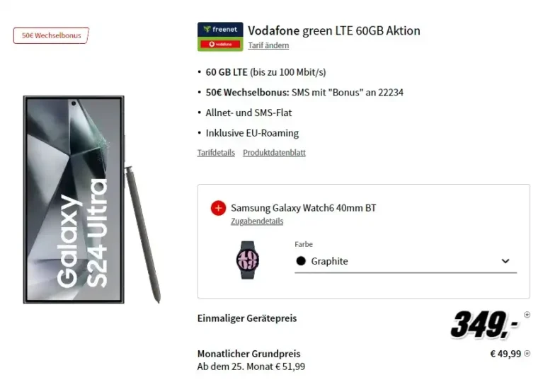 Galaxy S24 Ultra + Watch6 mit 60 GB im Vodafone Netz eff. gratis und 88 € Ersparnis