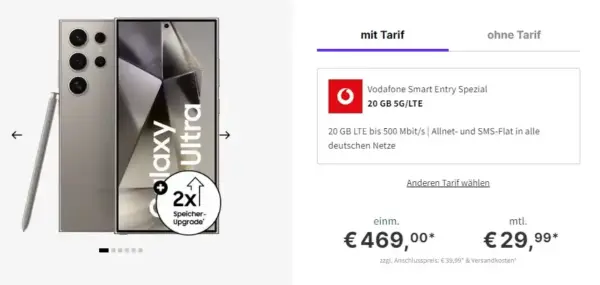 HOT 🔥 Galaxy S24 Ultra mit Vodafone Smart Tarif eff. gratis mit 220 € Ersparnis