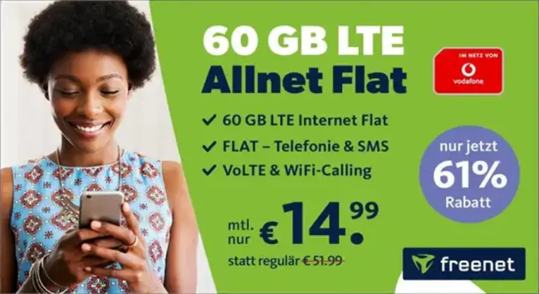 Neuer Bestpreis! 60 GB Vodafone Allnet Flat für 14,99€