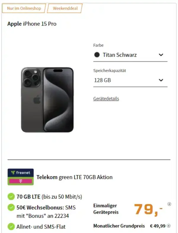 iPhone 15 Pro mit freenet green Telekom 70 GB LTE