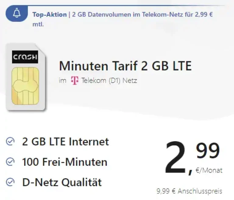 Crash Minuten Tarif 2 GB LTE - Günstig und einfach für 2,99 €