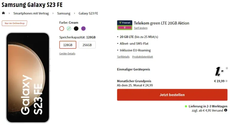Galaxy S23 FE für 1€ + freenet green Telekom eff. 1,33 €