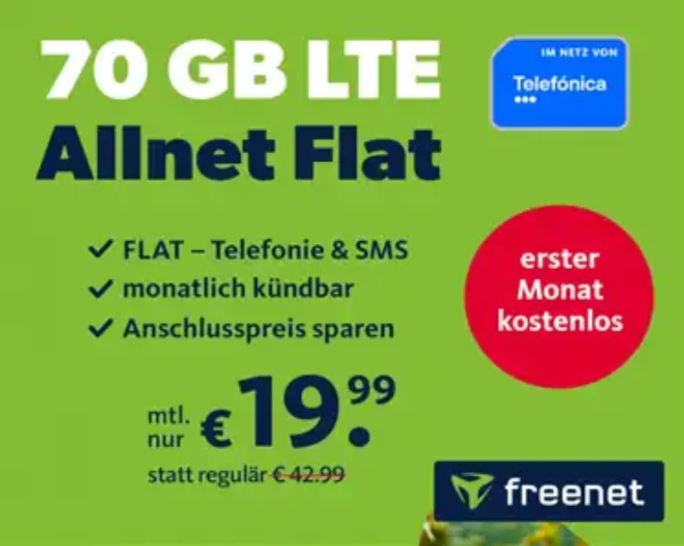 70GB Allnet-Flat für nur 19,99€ monatlich kündbar - Jetzt GRATIS testen!