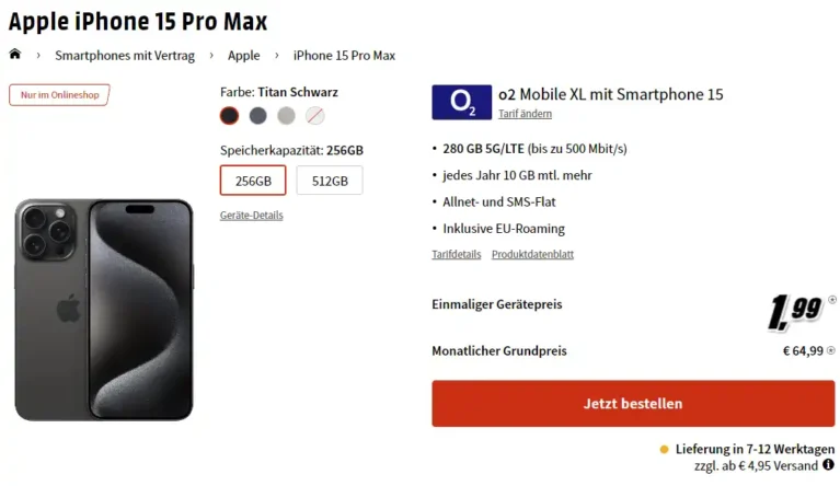 iPhone 15 Pro Max mit 280GB 5G nur 1,99€ + o2 Tarif