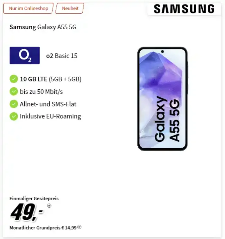 Galaxy A55 5G für 49 € und o2 Basic eff. gratis