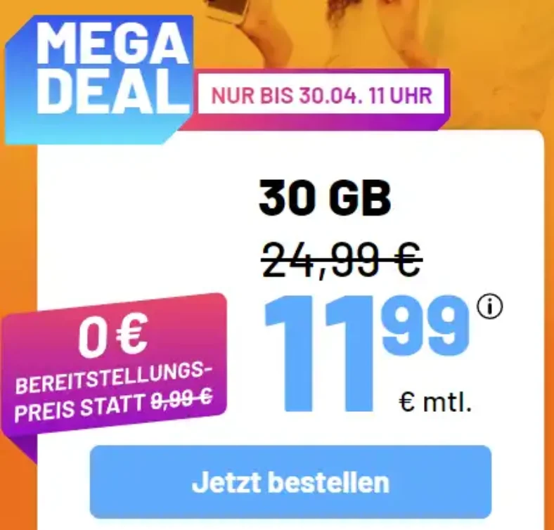 sim.de Angebote: 5 GB für 4,99€, 20 GB für 8,99€, 30 GB für 11,99€, 70 GB für 24,99€ 🚀