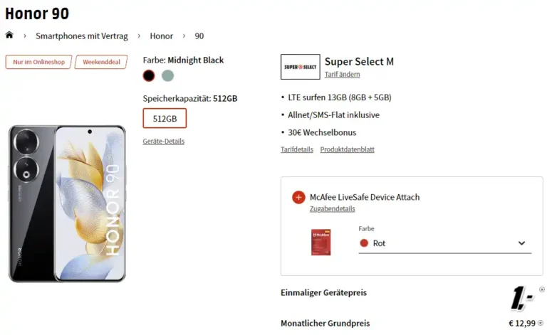 Honor 90 (1€ ZZ) mit 13 GB o2 Tarif eff. -1,93€/Monat