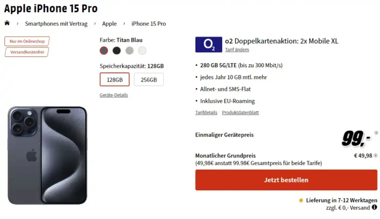 iPhone 15 Pro ab 99€ + 49,98€/mtl. mit Doppelkarte & 560GB