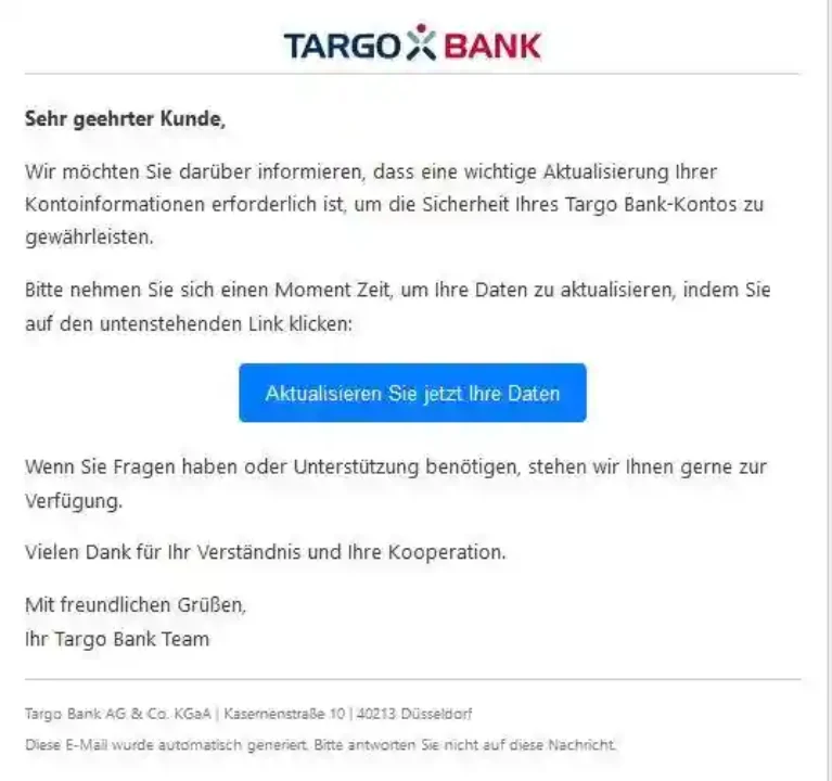 Vorsicht vor Targobank Phishing-Mail - Mai / Juni 2024