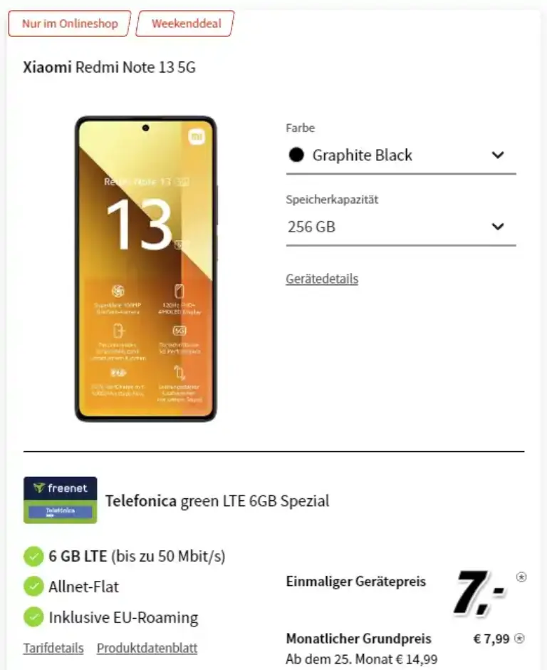 Xiaomi Redmi Note 13 5G 256GB für 7€ + 6 GB freenet eff. 0,82€