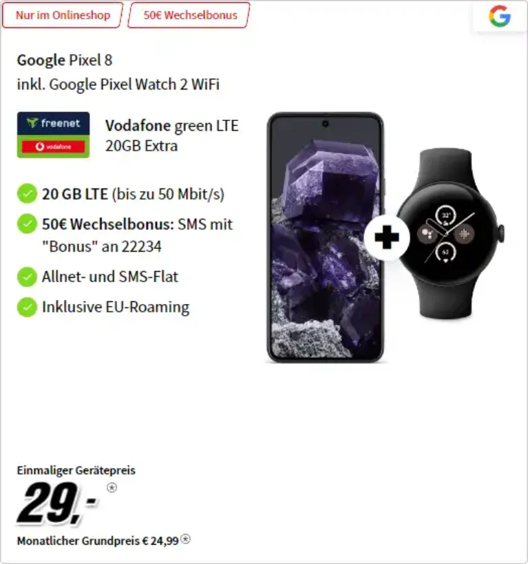 Google Pixel 8 + Watch 2: 20GB LTE für 24,99 €/mtl. - Effektiv 9,14 €
