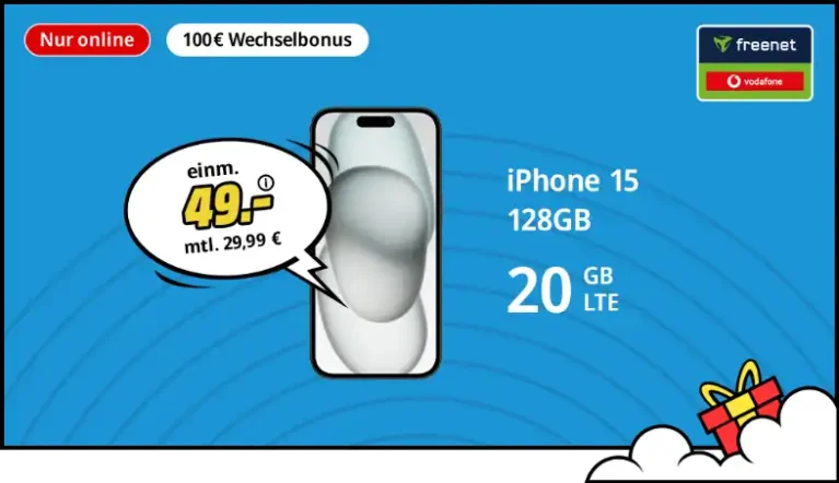 Apple iPhone 15 für 49€ mit Vodafone 20GB + 100€ Bonus