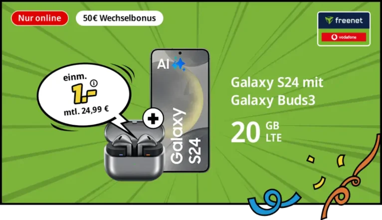 Galaxy S24 + Buds3 für 1€ mit 20GB Vodafone + 50€ Bonus