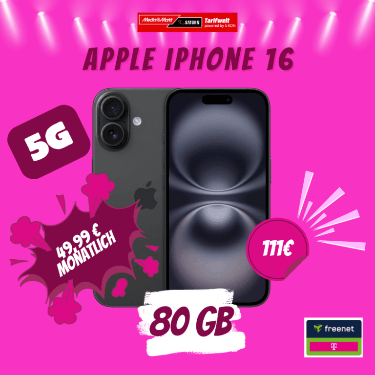 iPhone 16 für 111€ mit 80 GB mit Telekom 5G Vertrag eff. 18,32€