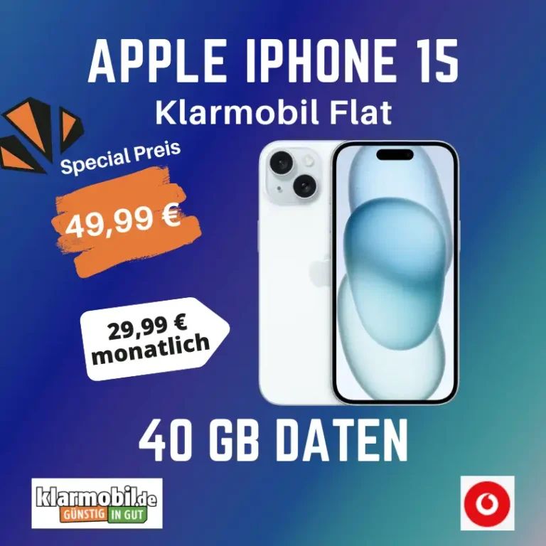 Apple iPhone 15 für 49,99€ mit Klarmobil 40GB eff. gratis