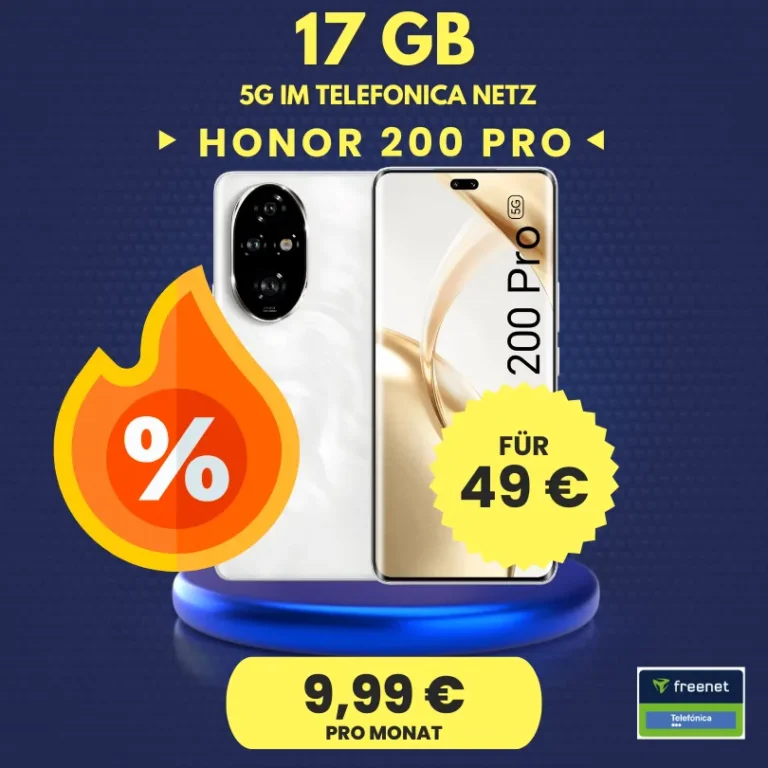 🔥 Honor 200 Pro + 17GB für 9,99€ – eff. -6,72€ mtl